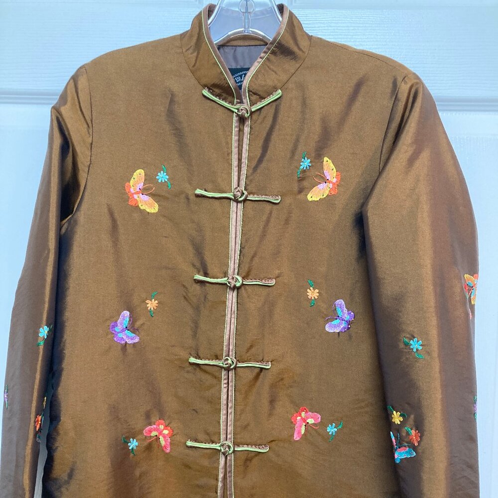 Kenki Embroidered Satin Asian Jacket With Frog Closures & Butterfly Design.